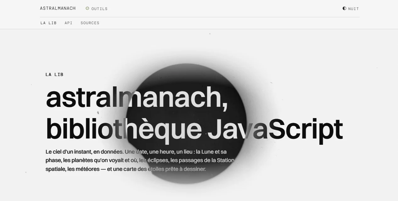 The home page of astralmanach.eu, which presents the JavaScript library
