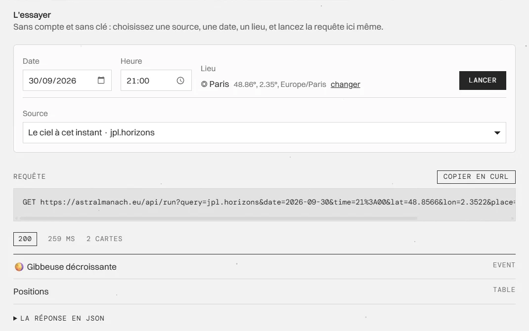 The API's try-it form: a request to JPL Horizons, the 200 response in 259 milliseconds and two cards