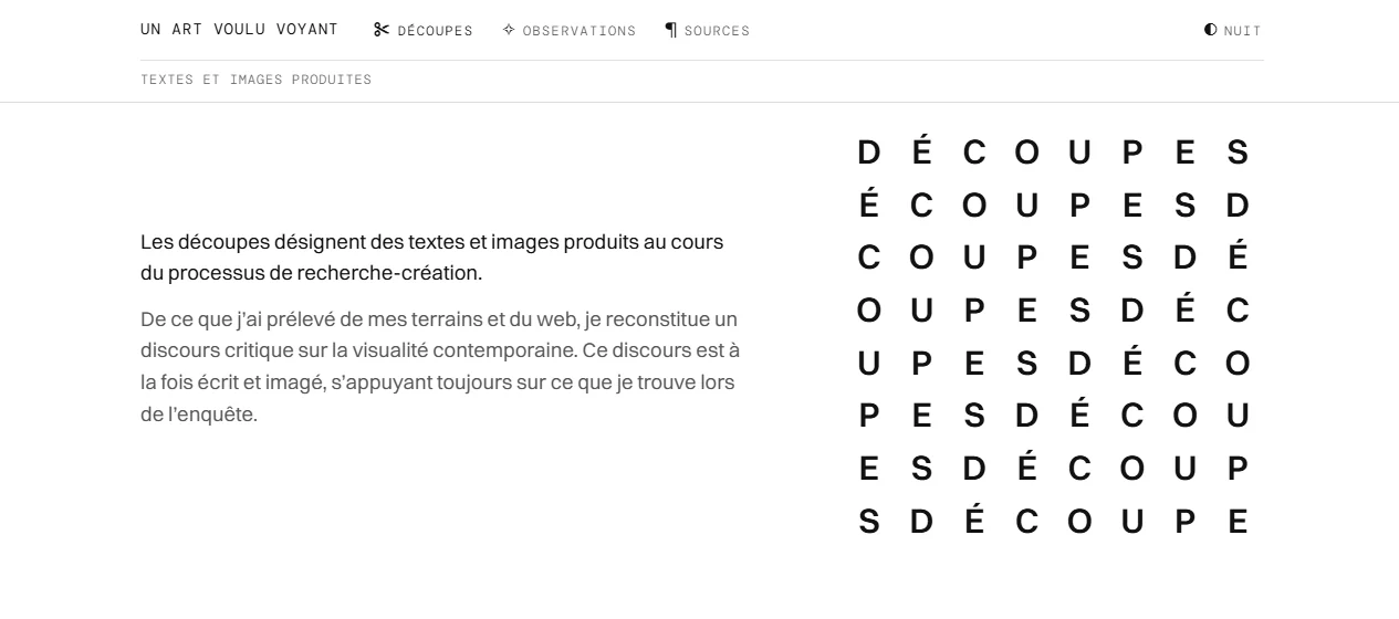 La page Découpes d'uavv.fr, avec son titre composé en grille de lettres