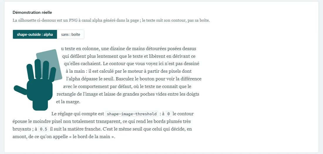 Démonstration : le texte suit le contour d'une silhouette de main générée dans la page, grâce à shape-outside