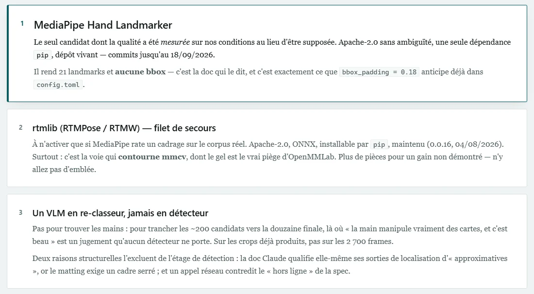 Le verdict de la note technique : MediaPipe Hand Landmarker en premier, rtmlib en filet de secours, un modèle de vision en re-classeur
